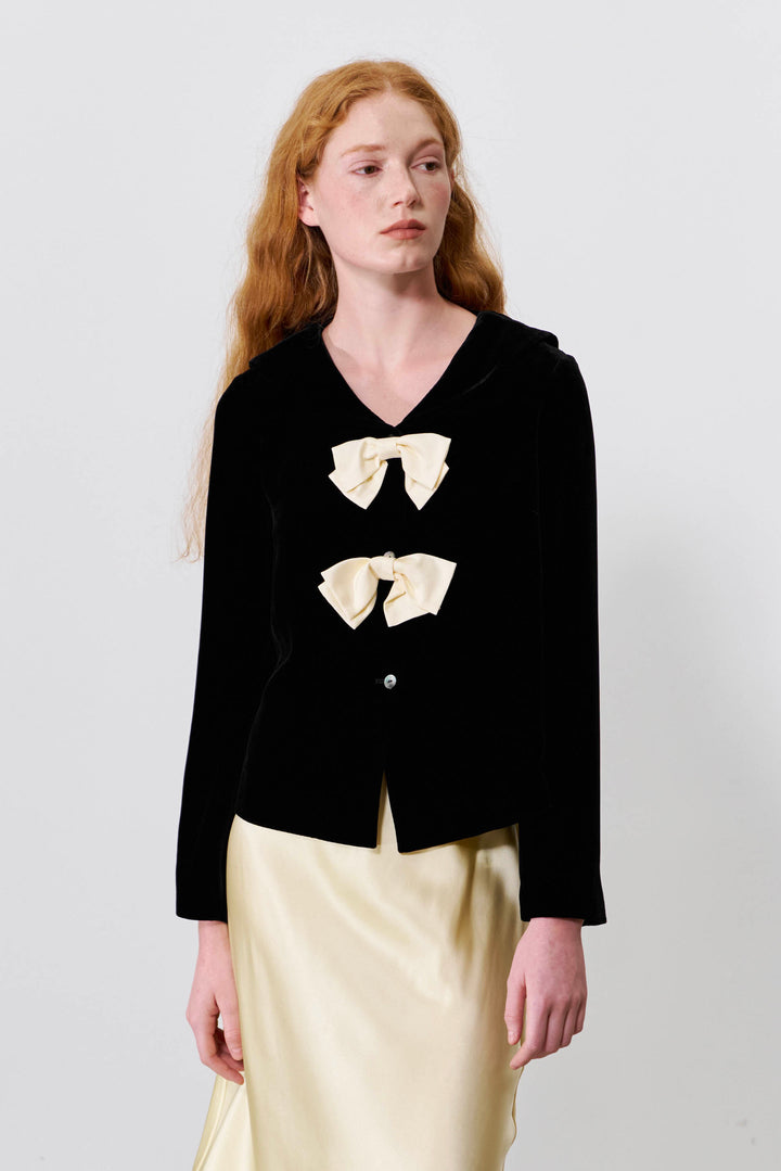 PAJA Summer Shimmer Silk Velvet Sailor Collar Bow Cropped Top