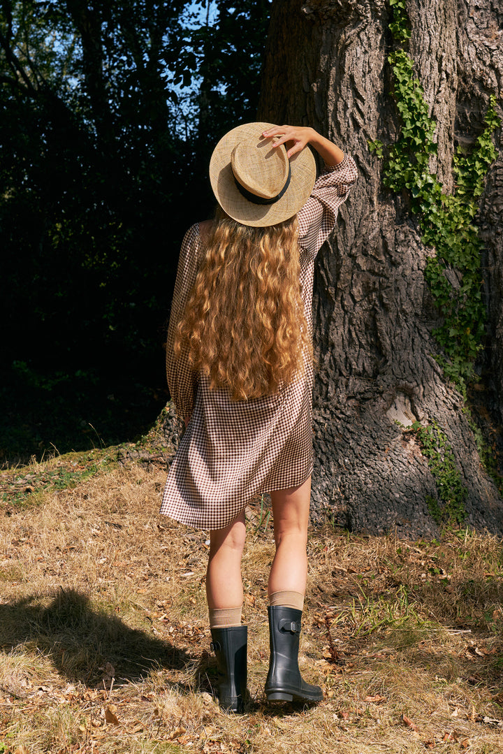 Farm Edit Silk Brown Plaid Print Long-Sleeve Dress