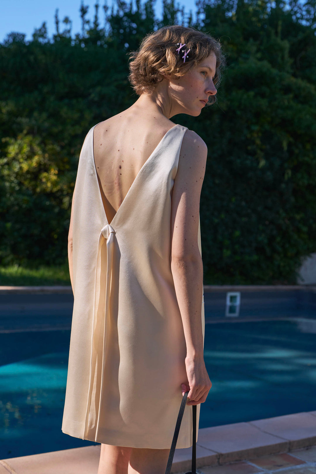 My Party 35 Momme Silk Wool Open-Back Bow Dress