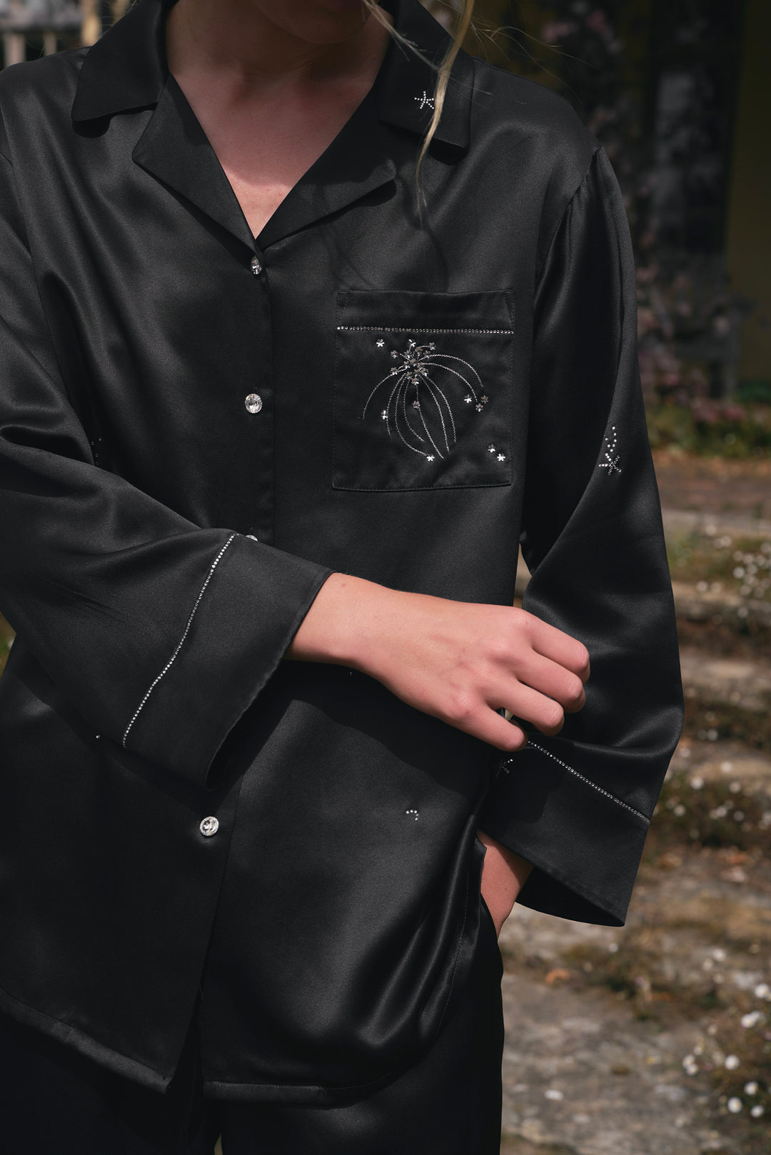 VEGA Collection Silk Rhinestone-Embellished  Long Sleeve Set - Black