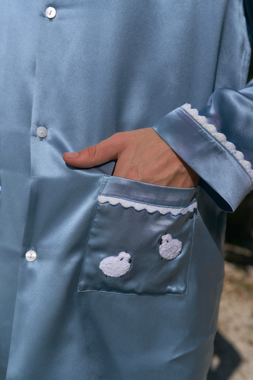 BUBU Collection Men's Silk Velour Edging Long Sleeve Pajama Set - Blue