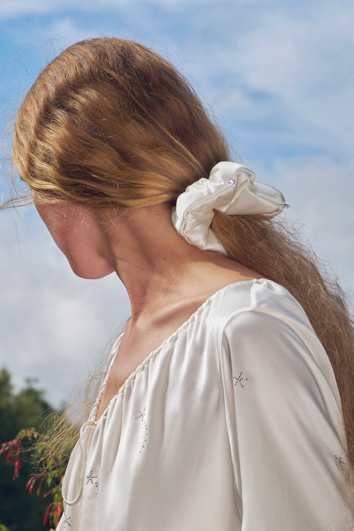 VEGA Collection Feathered Silk Rhinestone-Embellished Scrunchies - White