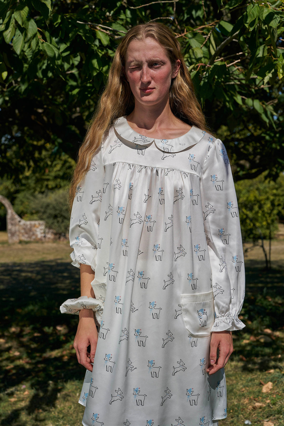Bubbie 22 Momme Silk Long-Sleeve Peter Pan Collar Dress