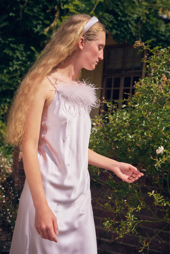 VEGA Collection Feathered Silk Rhinestone-Embellished Slip Dress - Amethyst