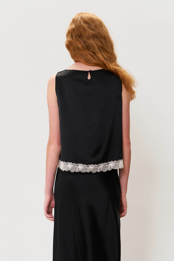 PAJA 25 Momme Silk Crepe Satin Lace-Trim Tank Top