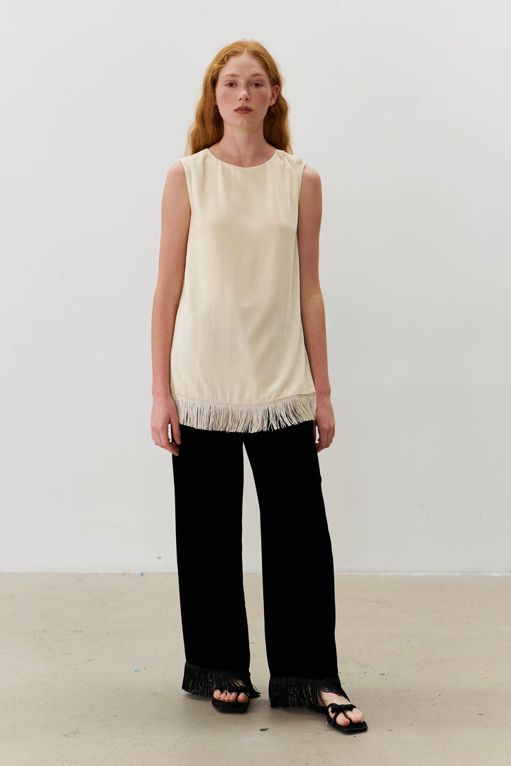 PAJA Summer Shimmer Silk Velvet Fringe-Trim Pants