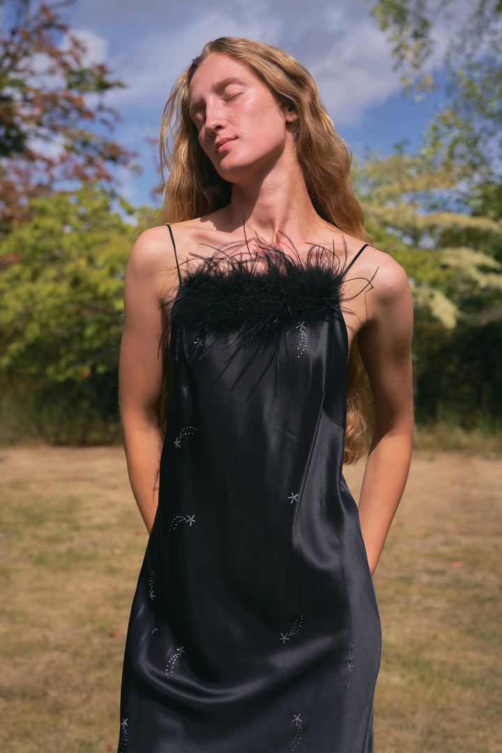 VEGA Collection Feathered Silk Rhinestone-Embellished Slip Dress - Black