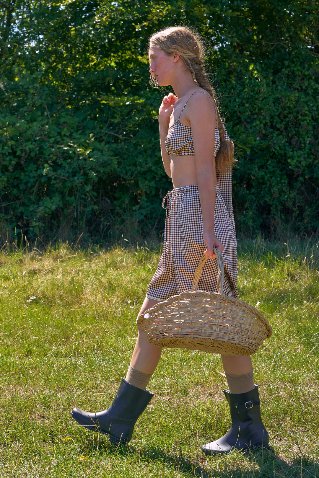 Farm Edit Silk Brown Plaid Print Crop Top