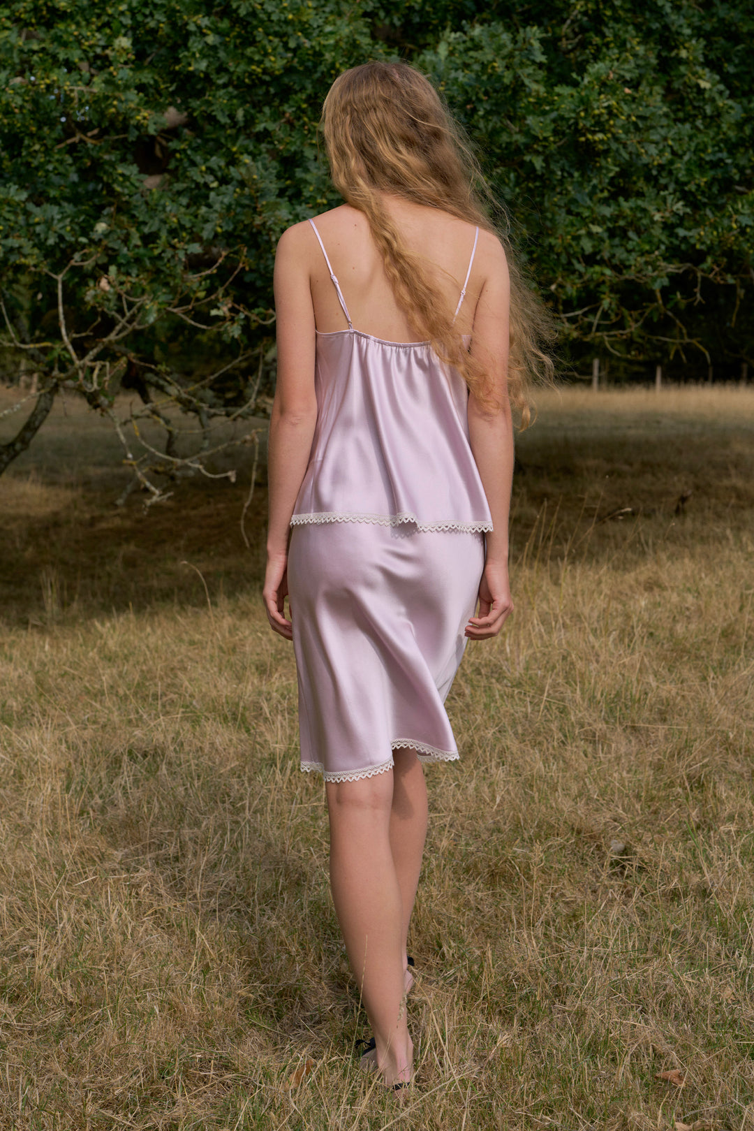 PAJA Farm Edit Silk Bias-Cut Lace Top & Skirt Set - Amethyst