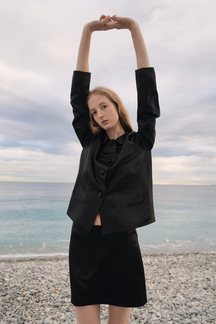 PAJA Dinner Hour Silk-Wool Satin Black Jacket