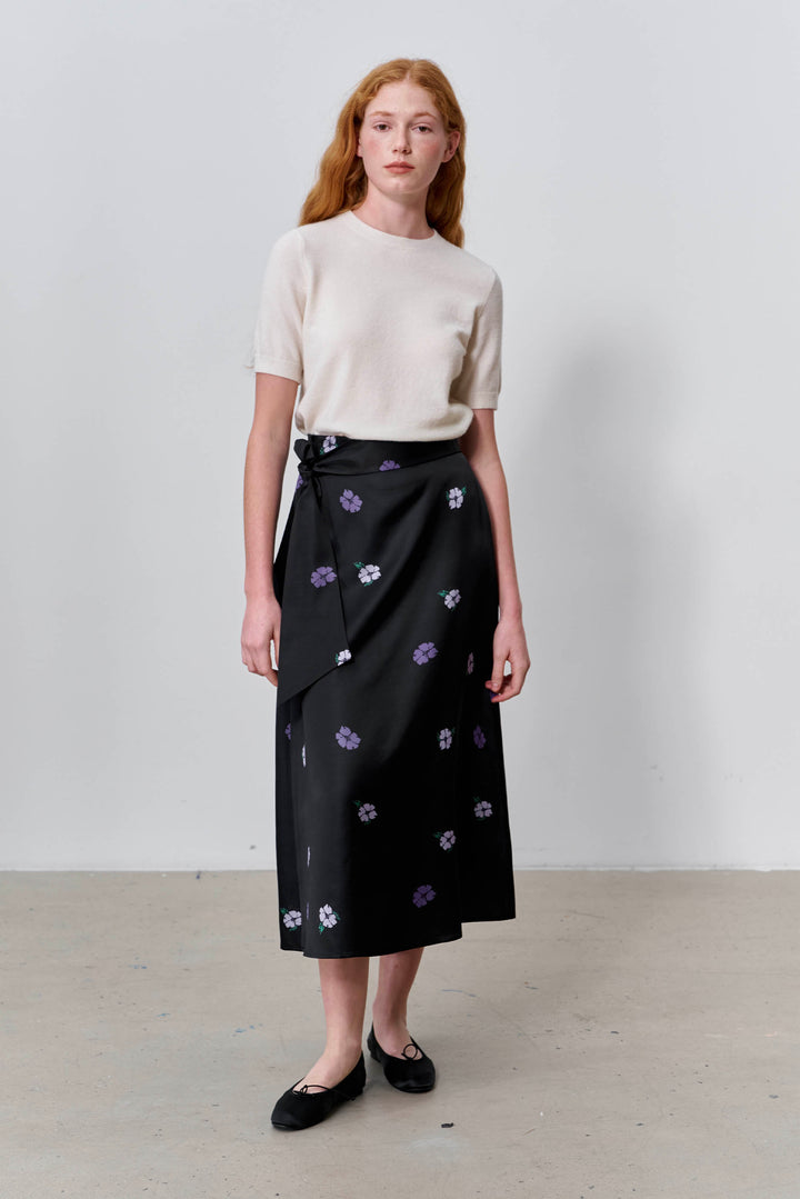 PAJA Summer Shimmer Silk Wool Satin Printed Tie-Waist Long Skirt