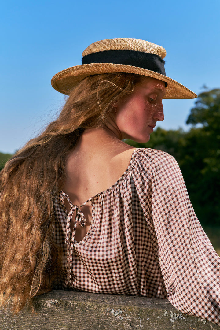 Farm Edit Silk Brown Plaid Print Long-Sleeve Dress