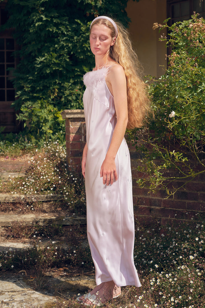 VEGA Collection Feathered Silk Rhinestone-Embellished Slip Dress - Amethyst