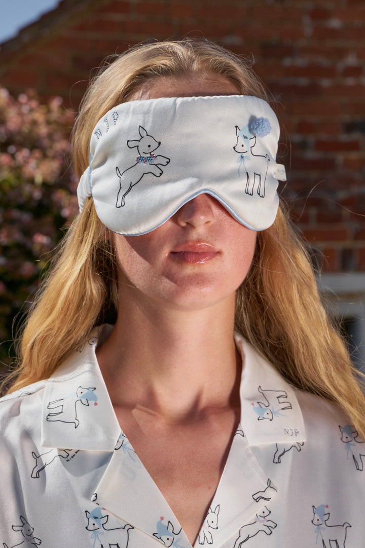 Bubbie 22 Momme Silk Printed Rhinestone Pom-Pom Eye Mask