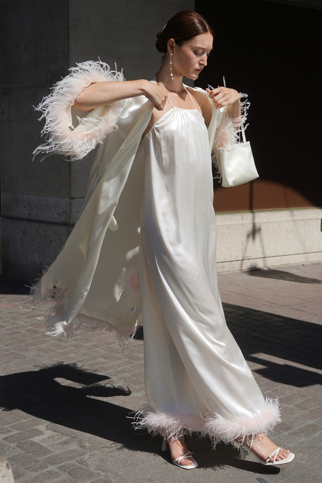 Bride-To-Be Edition | Silk Long Robe with Removable Feathers - Light Blue