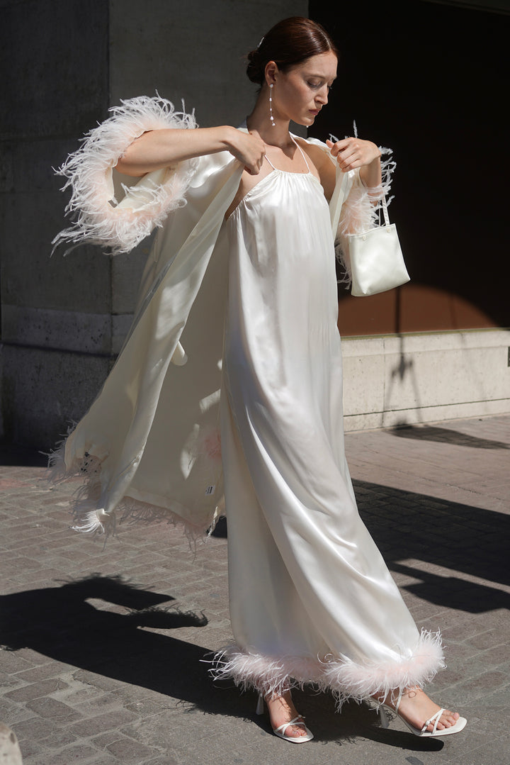 Bride-To-Be Edition | Silk Long Robe with Removable Feathers - Light Blue