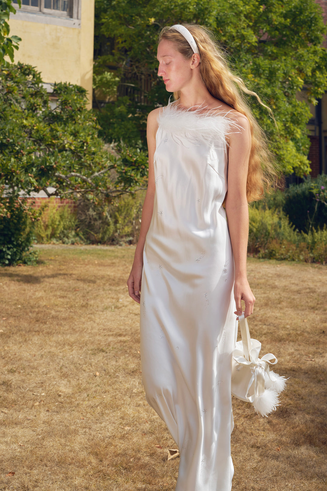 VEGA Collection Feathered Silk Rhinestone-Embellished Slip Dress - White