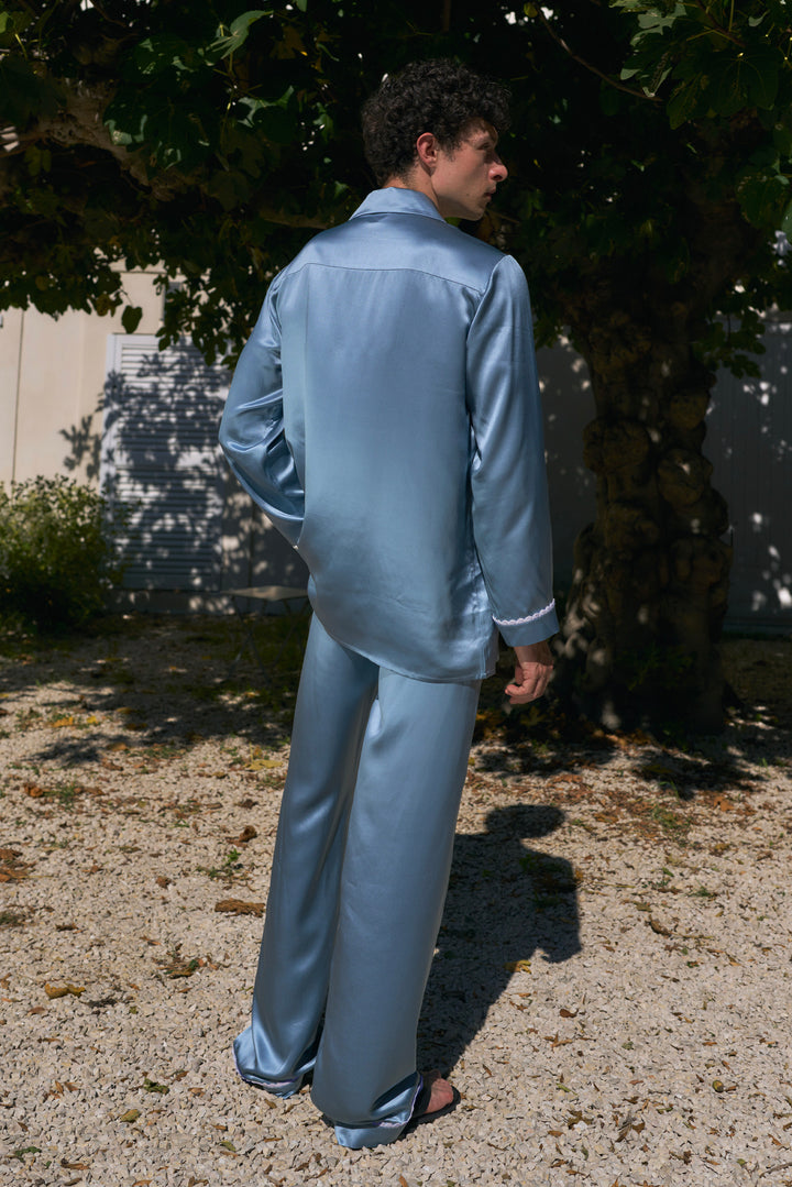 BUBU Collection Men's Silk Velour Edging Long Sleeve Pajama Set - Blue