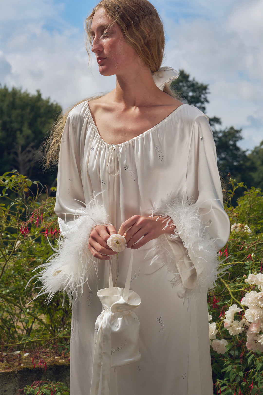 VEGA Collection Feathered Silk Rhinestone-Embellished Long Robe - White