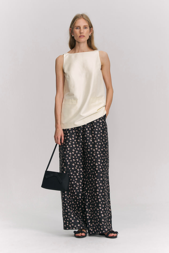 PAJA Farm Edit Dupion Silk Floral Print Trousers - Black