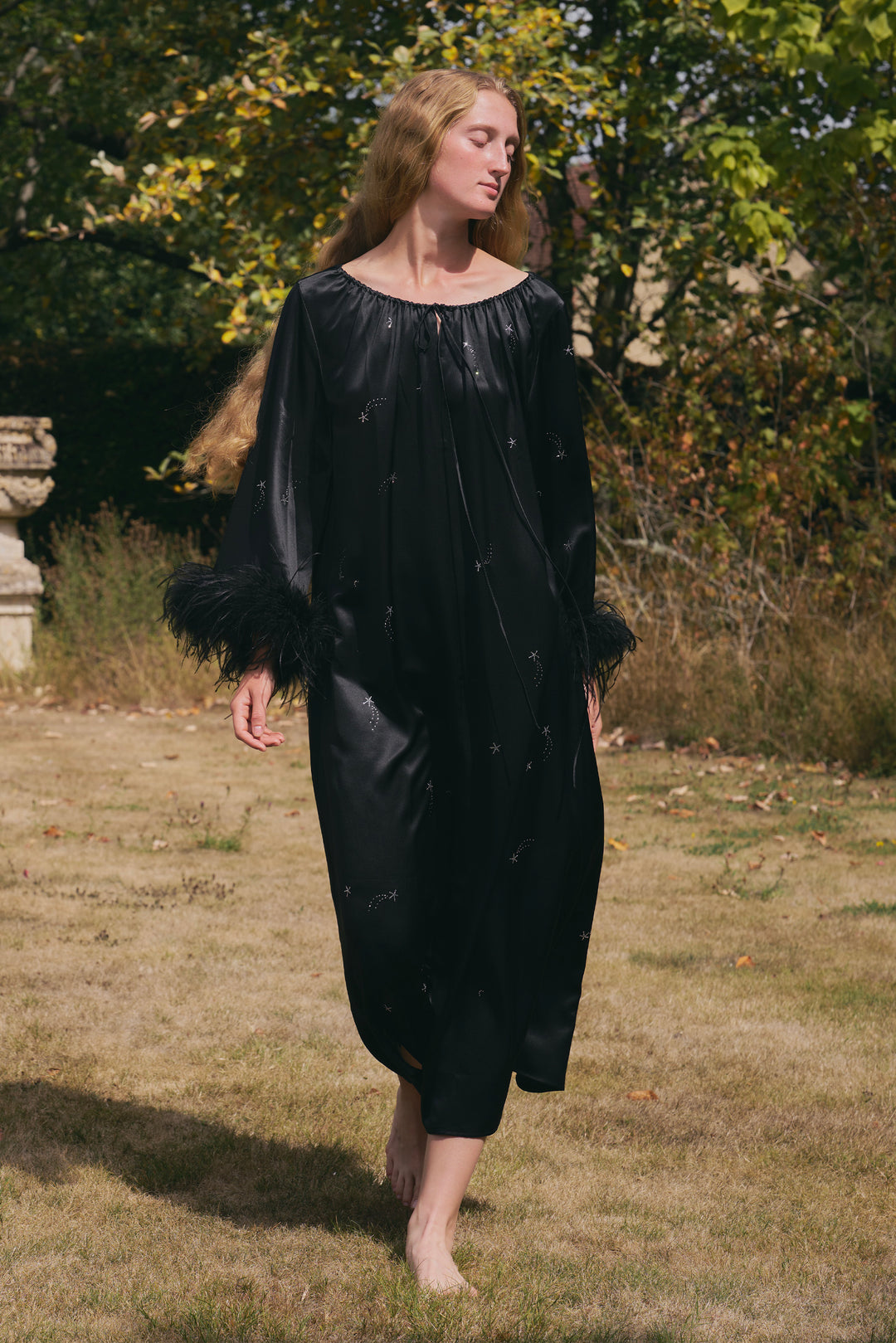 VEGA Collection Feathered Silk Rhinestone-Embellished Long Robe - Black