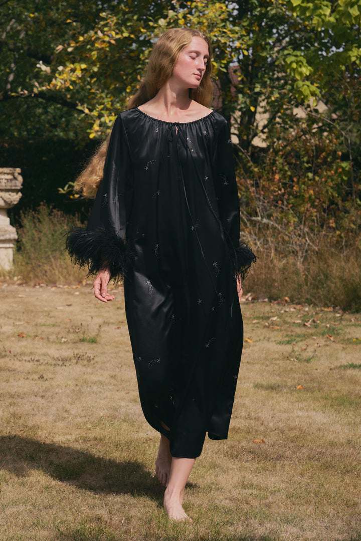 VEGA Collection Feathered Silk Rhinestone-Embellished Long Robe - Black