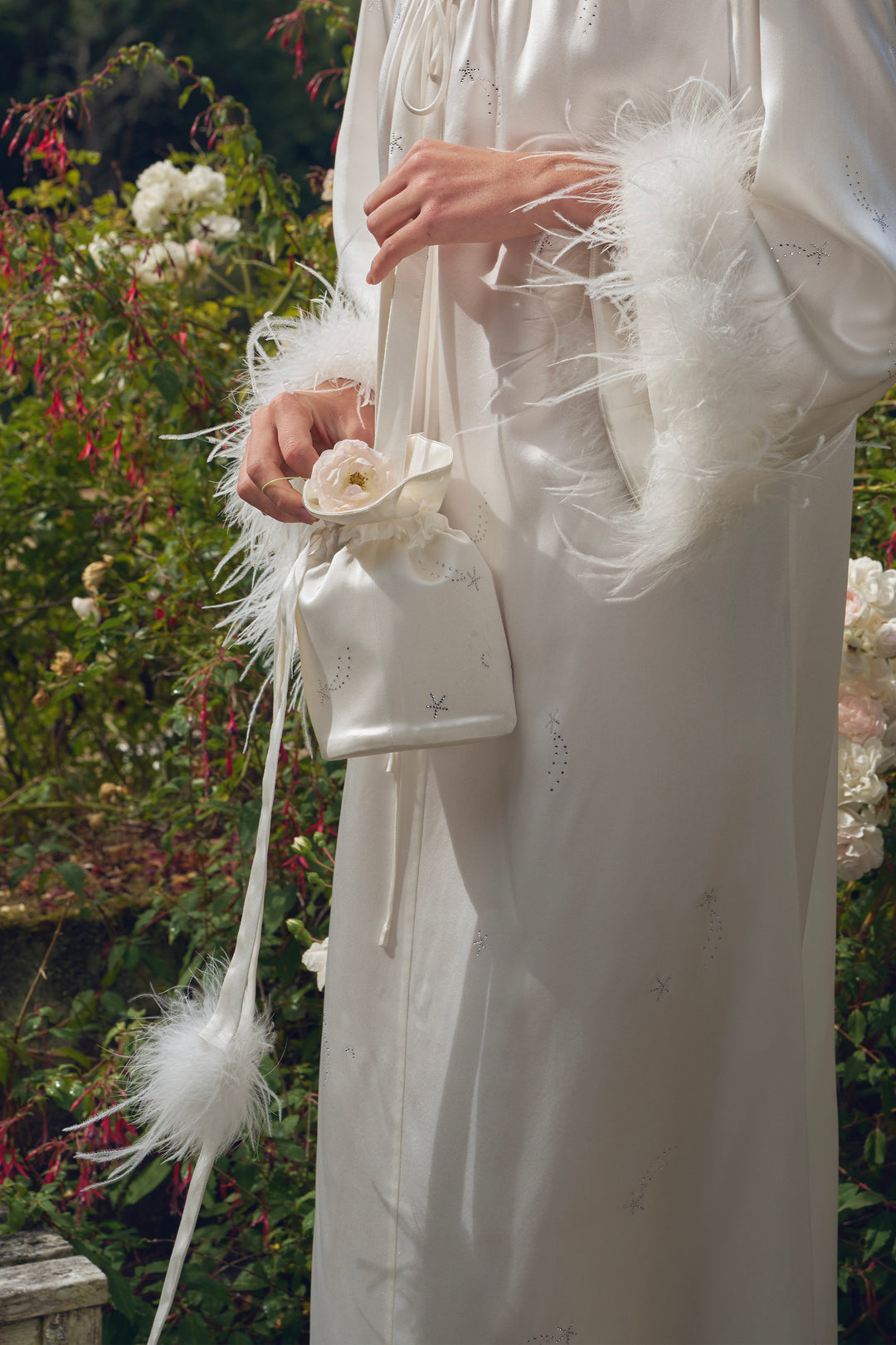 VEGA Collection Feathered Silk Rhinestone-Embellished Handbag