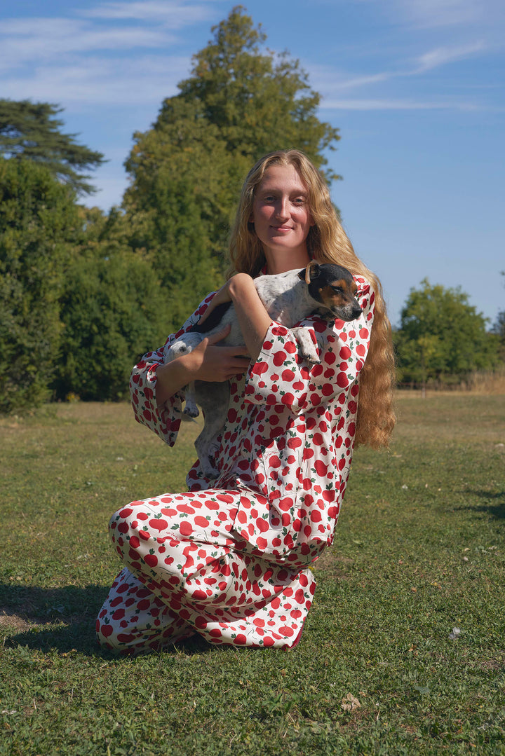Farm Edit Red Turnip Print 22 Momme Silk Long-Sleeve Pajama Set