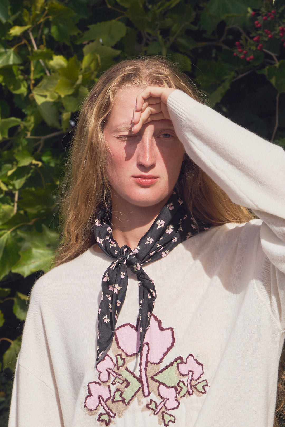 PAJA Farm Edit Dupion Silk Floral Print Triangle Scarf - Black