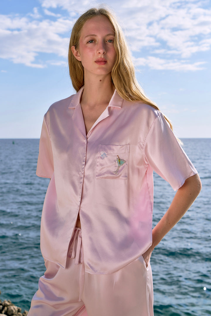 PAJA Beaded Summer Escapes Silk Short Sleeve & Long Pants Set - Pink