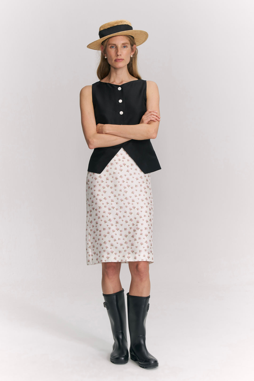 PAJA Farm Edit Dupion Silk Floral Print Midi Skirt - White