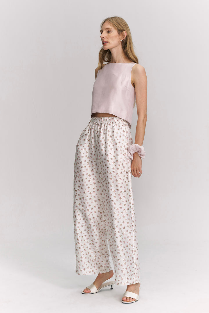PAJA Farm Edit Dupion Silk Floral Print Trousers - White