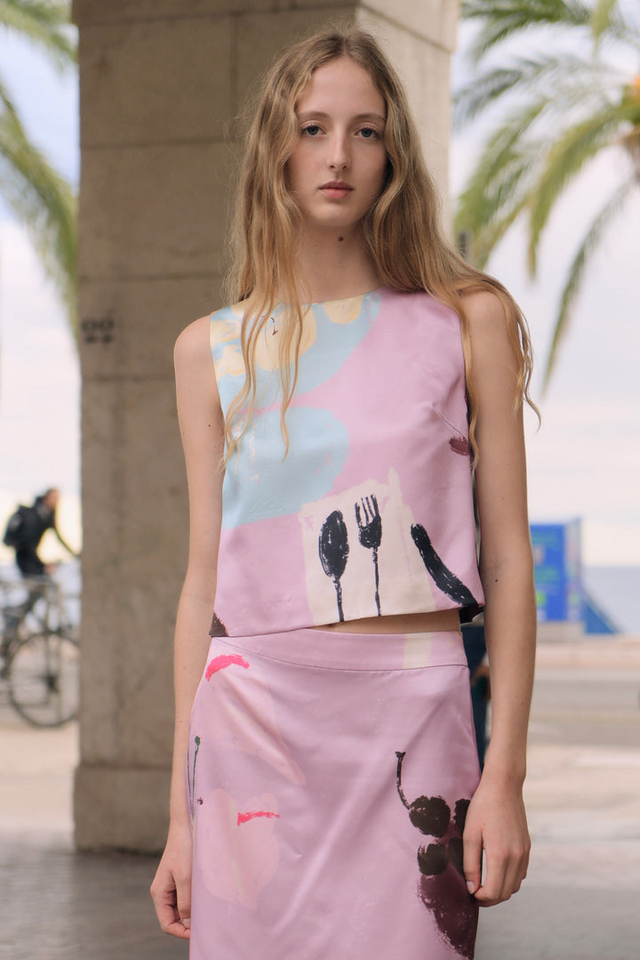 PAJA Dinner Hour Printed Silk Wool Satin Blouse