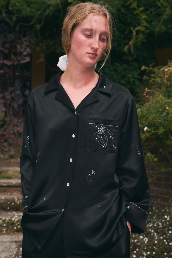 VEGA Collection Silk Rhinestone-Embellished  Long Sleeve Set - Black