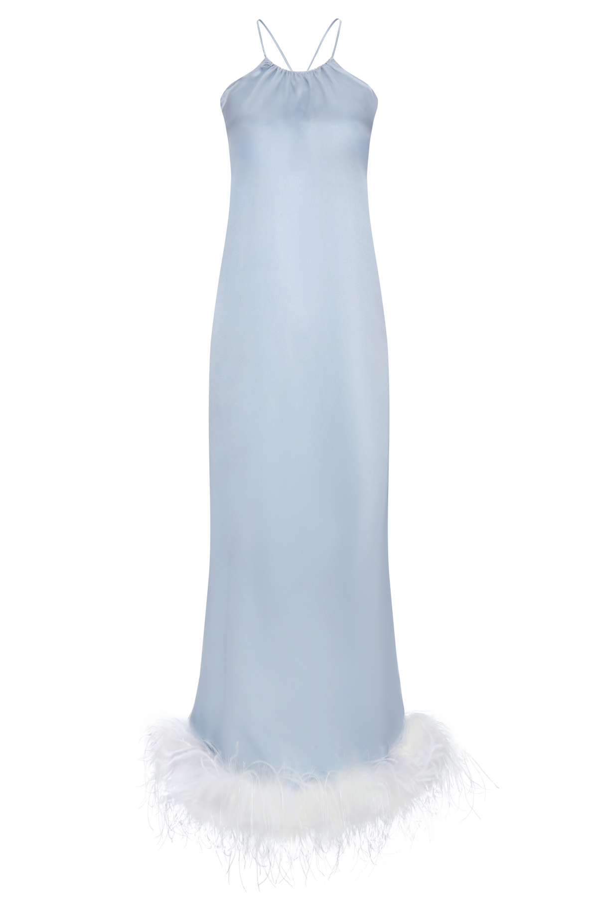 white feather halter dress Adeline Halter Crepe Gown with Feather Hem