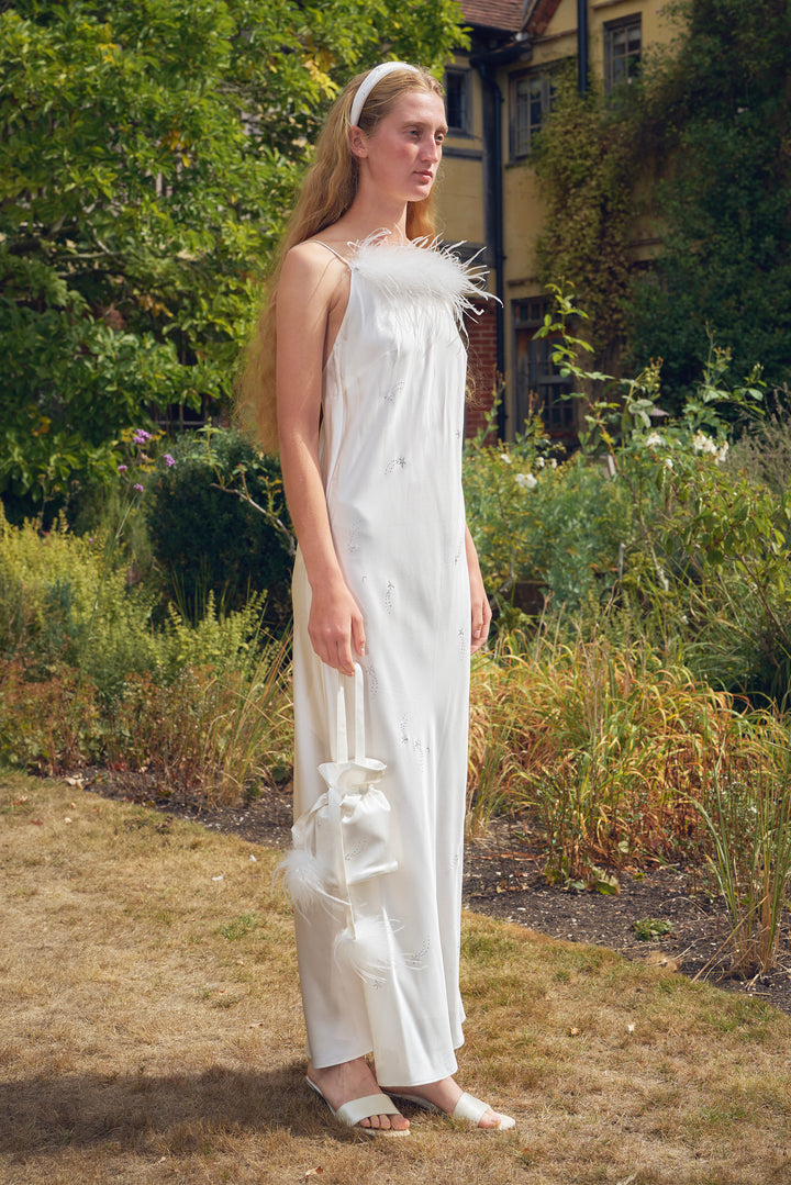 VEGA Collection Feathered Silk Rhinestone-Embellished Slip Dress - White