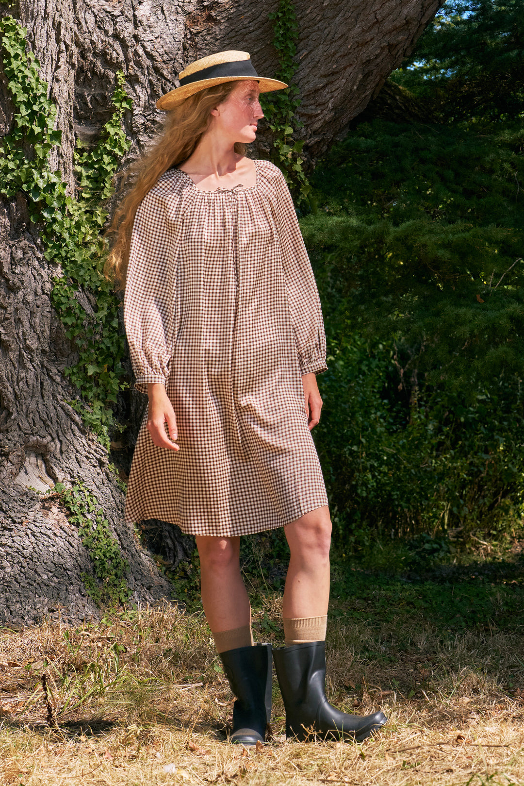 Farm Edit Silk Brown Plaid Print Long-Sleeve Dress