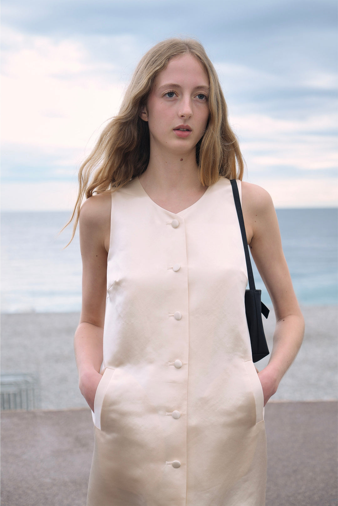 PAJA Dinner Hour Silk-Wool Satin V-Neck Vest Dress