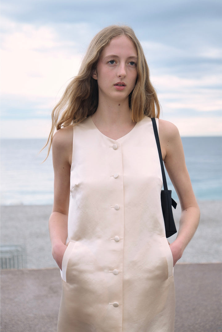 PAJA Dinner Hour Silk-Wool Satin V-Neck Vest Dress