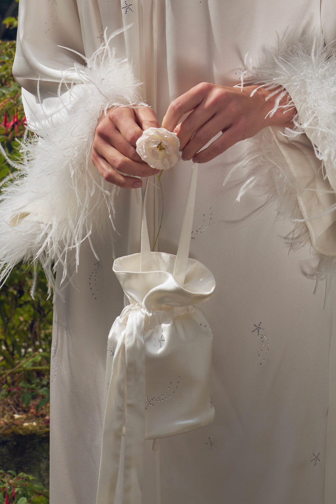 VEGA Collection Feathered Silk Rhinestone-Embellished Handbag