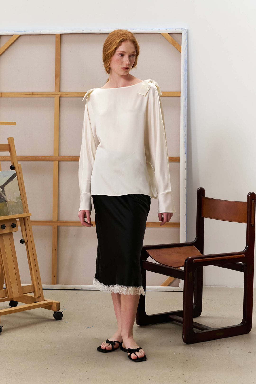 PAJA 25 Momme Silk Crepe Satin Bow Long-Sleeve Top