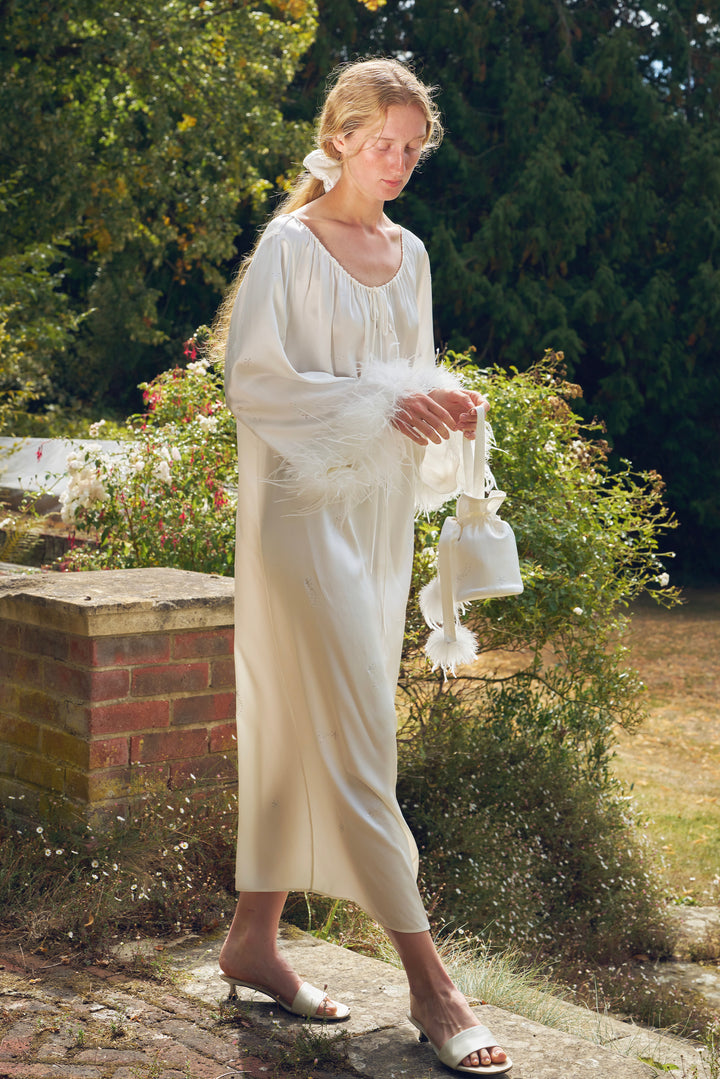 VEGA Collection Feathered Silk Rhinestone-Embellished Long Robe - White