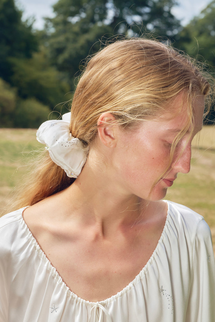 VEGA Collection Feathered Silk Rhinestone-Embellished Scrunchies - White