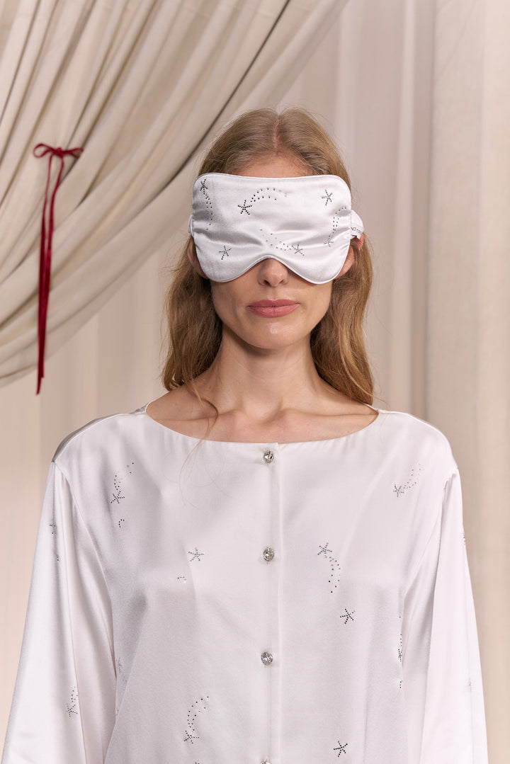 VEGA Collection Feathered Silk Rhinestone-Embellished Eye Mask - White
