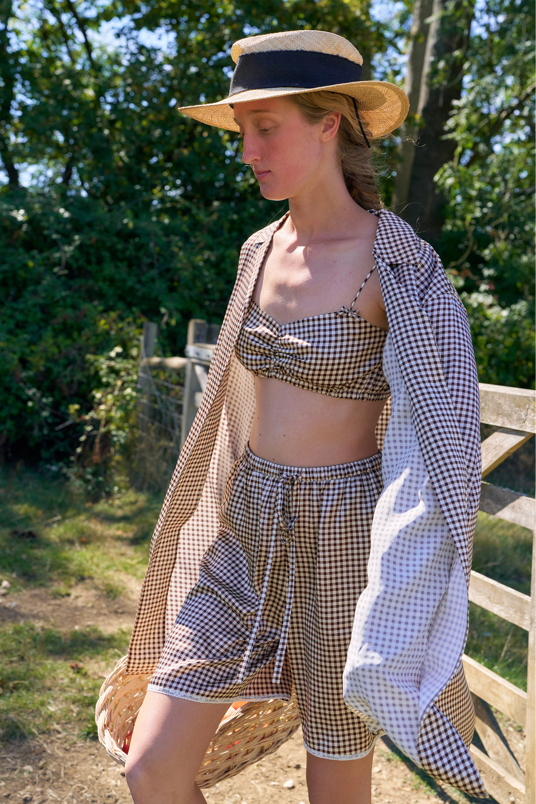 Farm Edit Silk Brown Plaid Print Crop Top