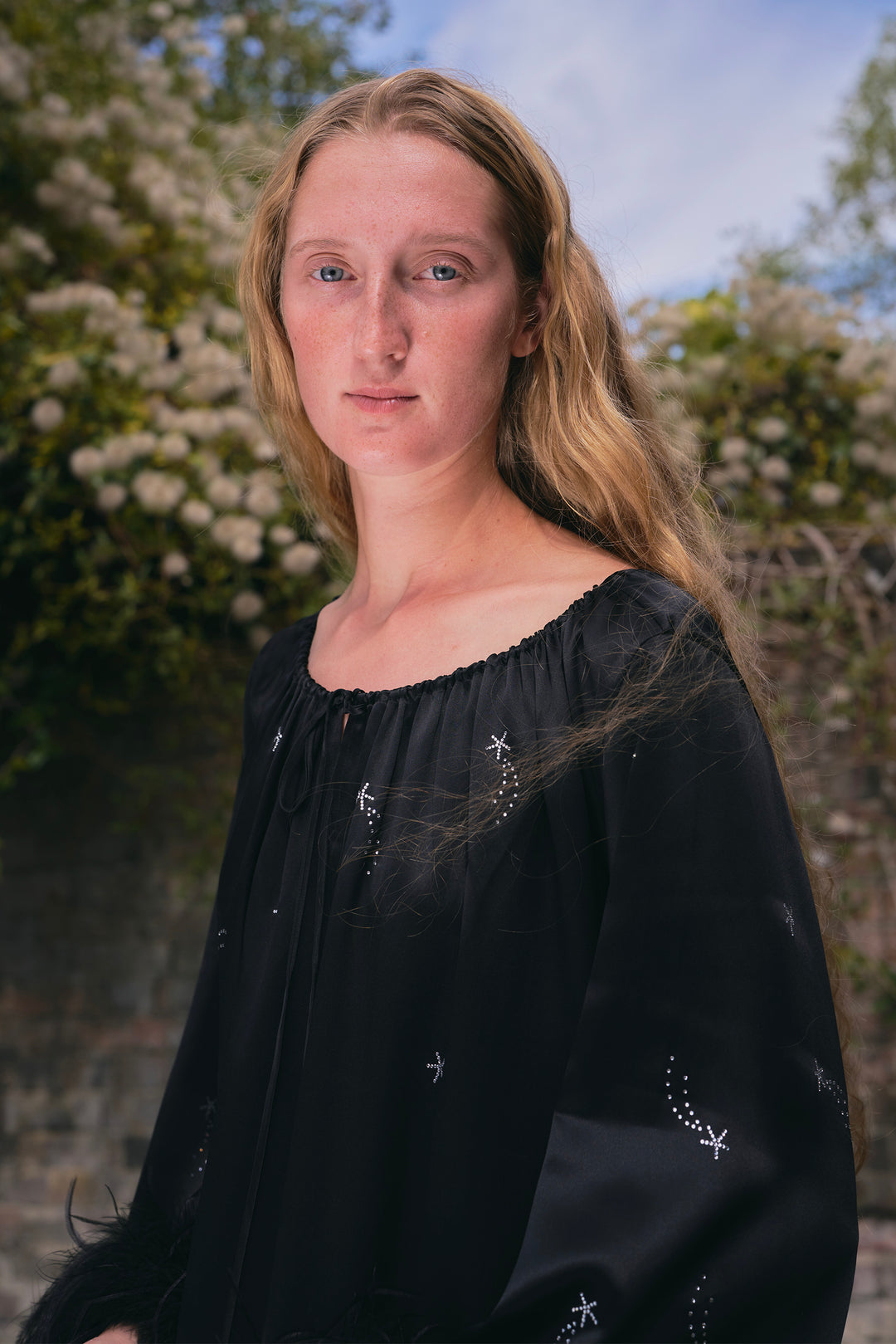 VEGA Collection Feathered Silk Rhinestone-Embellished Long Robe - Black