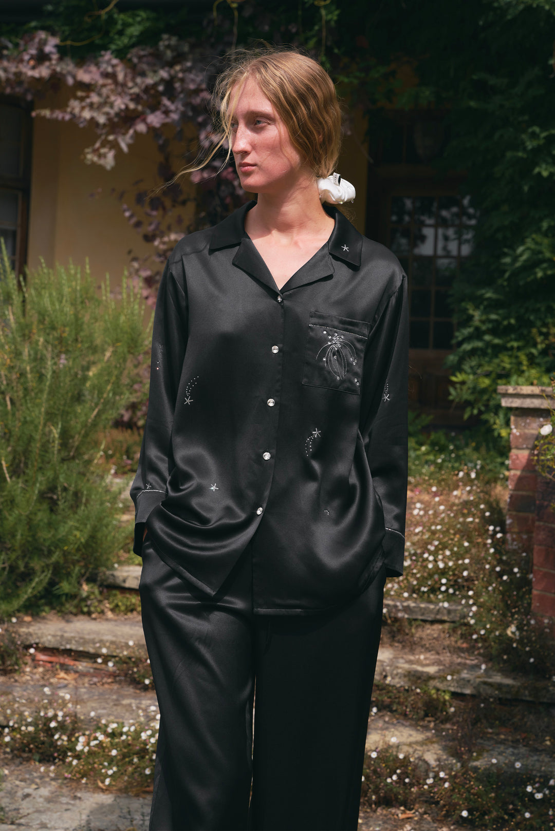 VEGA Collection Silk Rhinestone-Embellished  Long Sleeve Set - Black