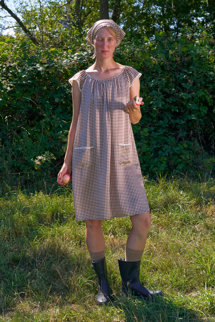 Farm Edit Silk Brown Plaid Print Sleeveless Dress