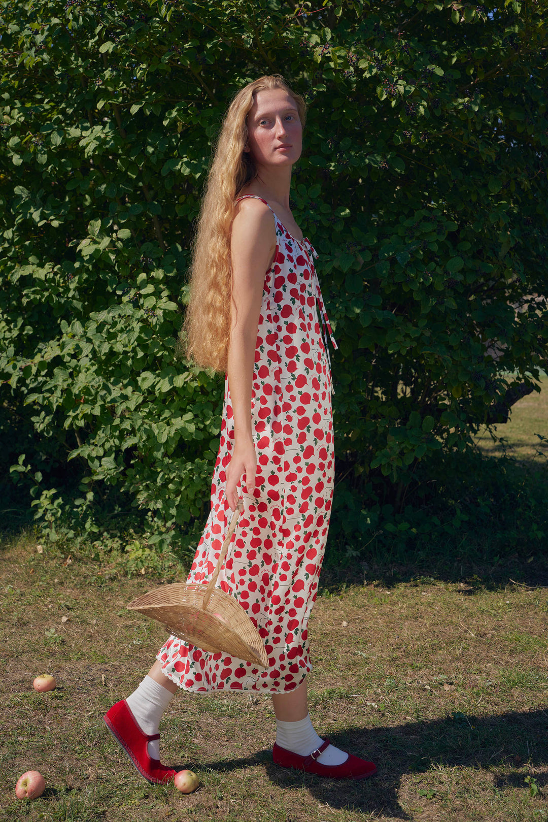 Farm Edit Red Turnip Print 22 Momme Silk Sleeveless Lace-Trim Dress