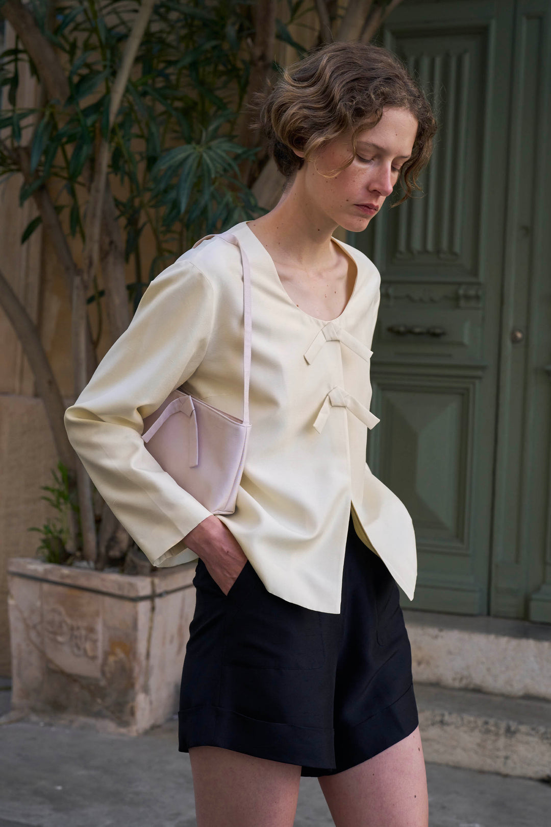 PAJA Out After Brunch Mulberry Silk U-Neck Knot Closure Jacket